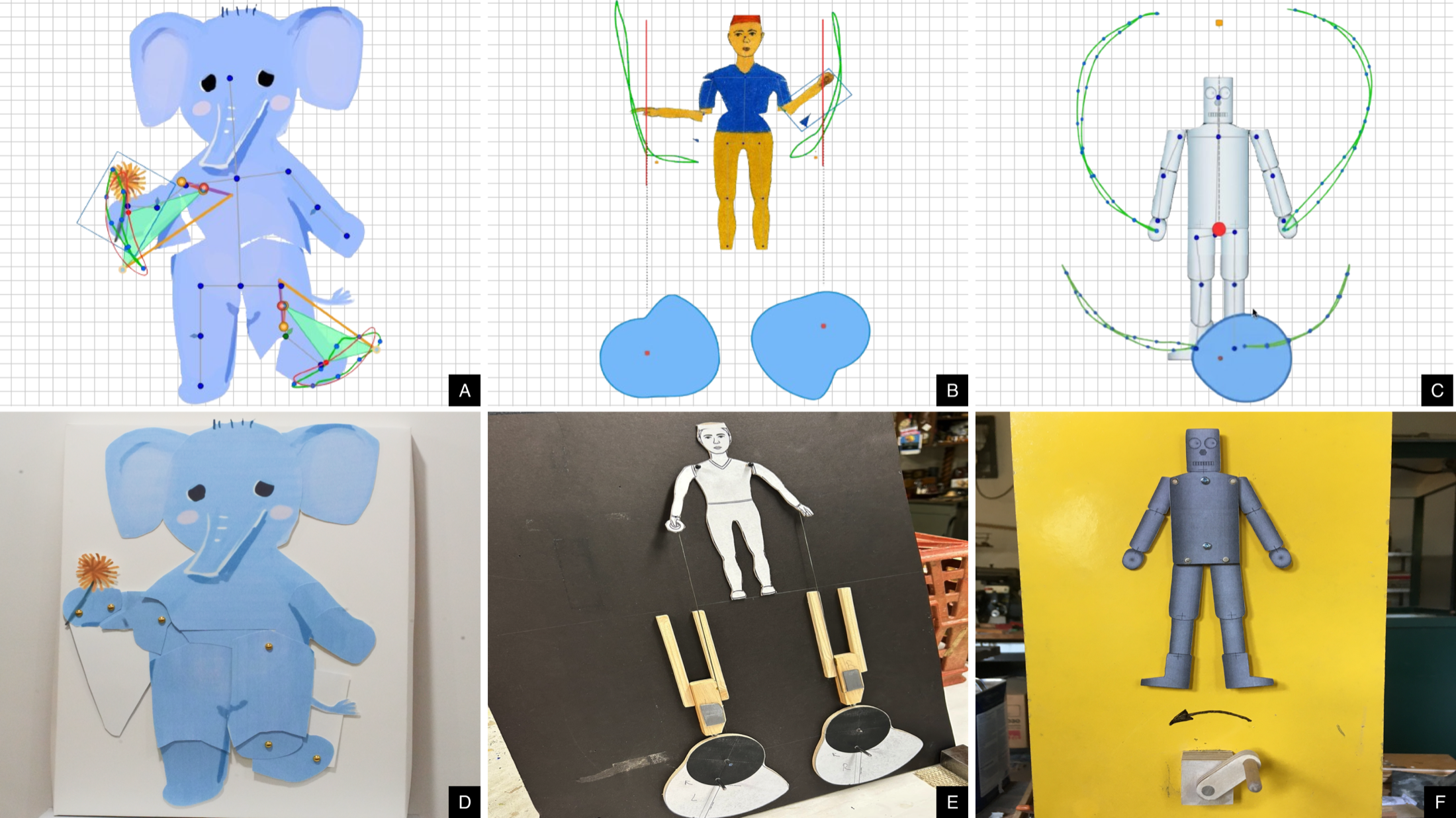 Three artist-designed automata shown as digital sketches above and fabricated artifacts below.