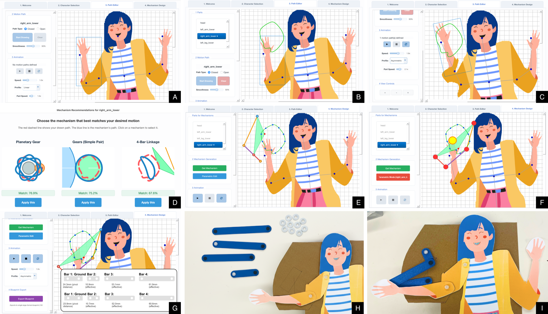MotionSmith workflow from motion-path sketching to fabrication-ready export.